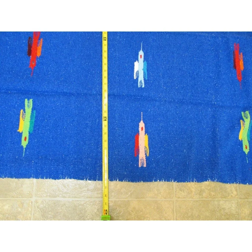 Vtg Mexican Blanket Go Londrina thunderbird  knit artisan Handwoven Blue Rug